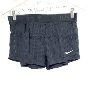 Nike Dri-fit black mesh loose outside tight spandex leg underneath layer shorts